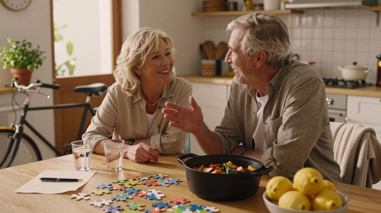 Casal sénior conversa à mesa com puzzle incompleto e panela de legumes; ambiente acolhedor numa cozinha moderna.