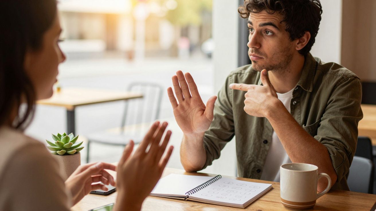 Homem e mulher a comunicarem em língua gestual numa mesa de café com caderno e chávenas.