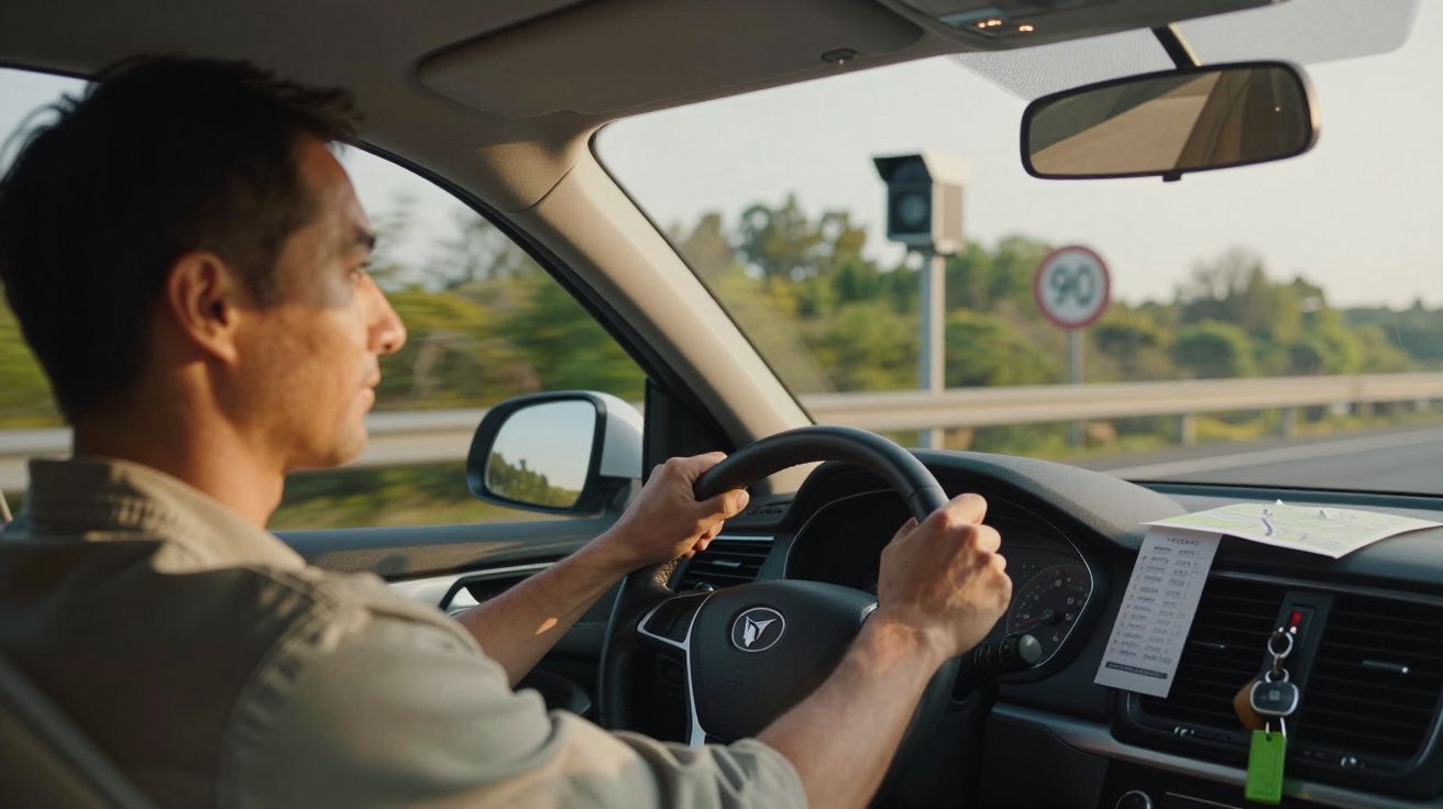 Homem a conduzir carro numa estrada, sinal de limite de velocidade a 90 km/h ao fundo.