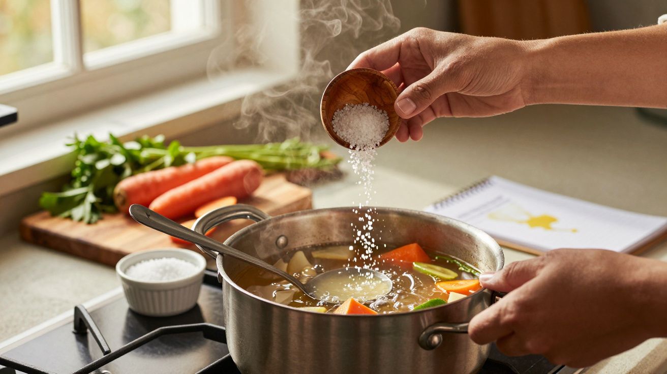 Pessoa adiciona sal a uma panela de sopa fumegante com legumes ao fundo.