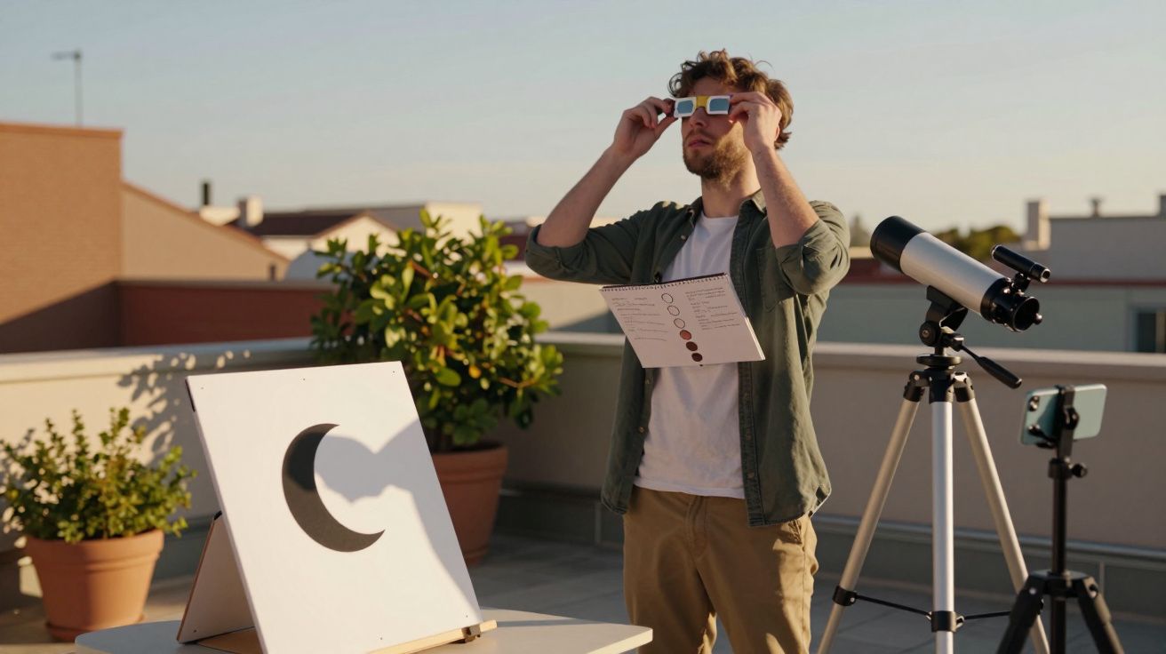 Homem observa o céu com óculos especiais, perto de um telescópio, num terraço com cartaz e vegetação em vasos.