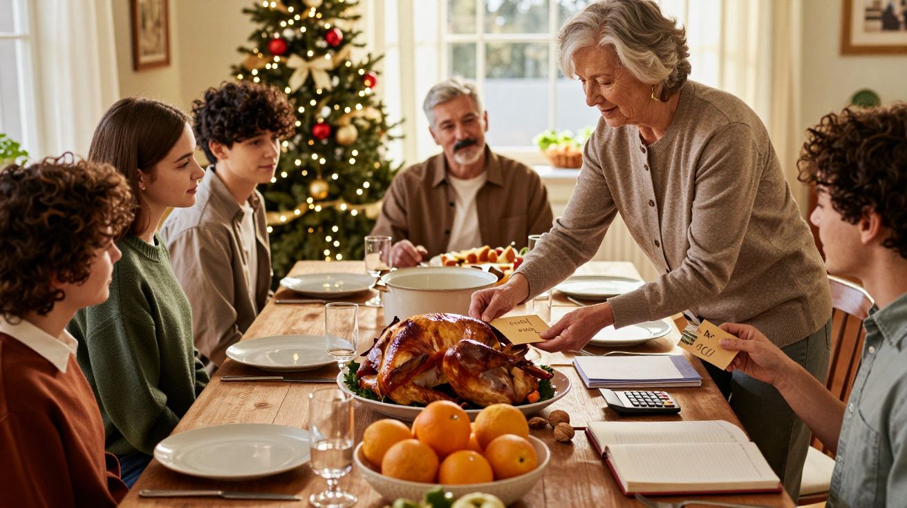 Família reunida à mesa com peru assado e decoração natalícia ao fundo. Uma senhora idosa distribui cartões na mesa.