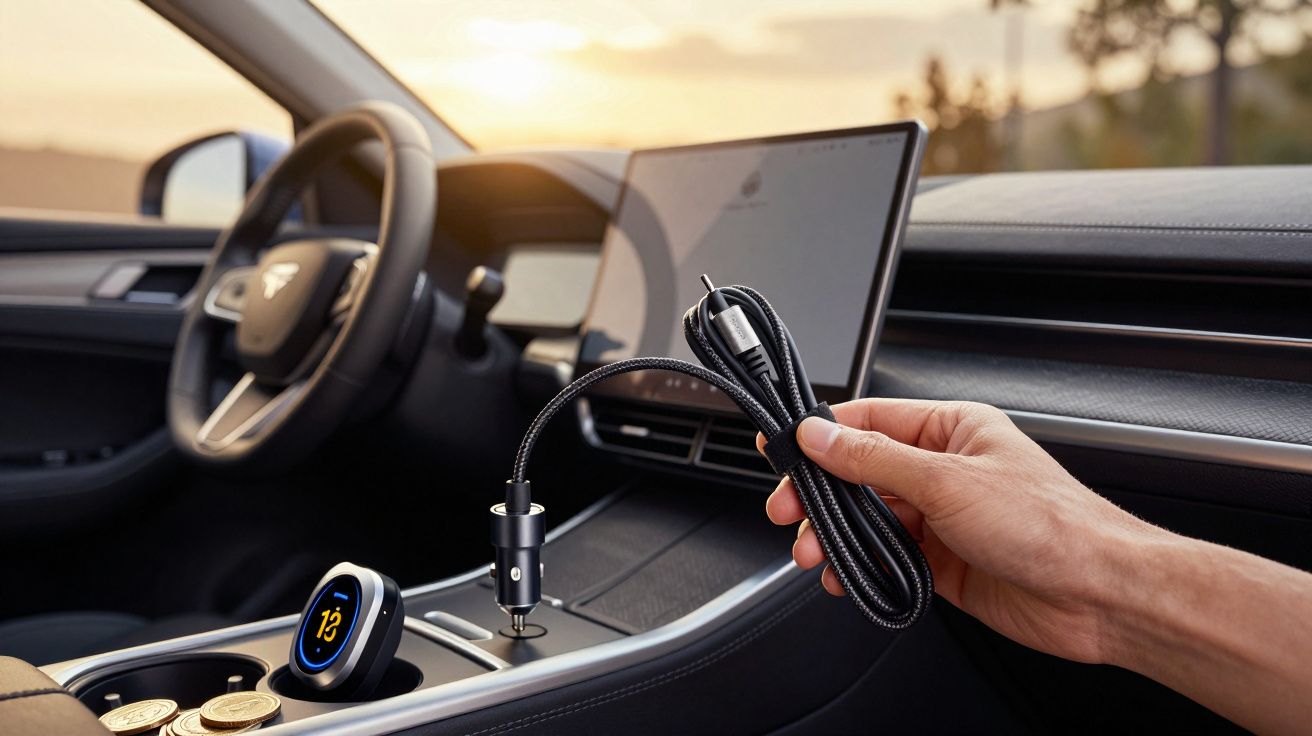 Mão segurando cabo USB no interior de um carro moderno com ecrã digital e moedas na consola central.