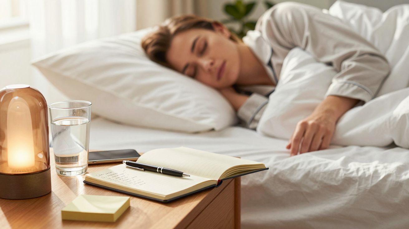 Mulher a dormir numa cama com candeeiro, copo de água e caderno aberto numa mesa de cabeceira.