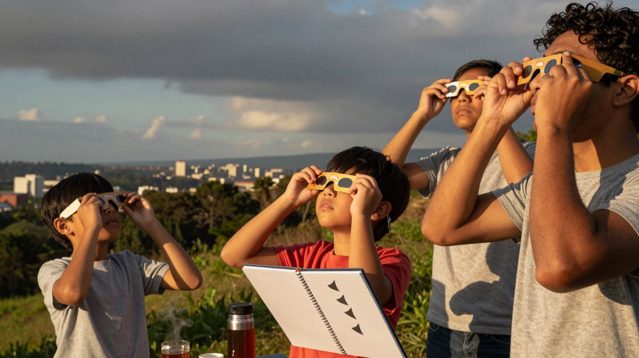 Quatro crianças observam o céu através de óculos solares, com uma cidade e o céu nublado ao fundo.