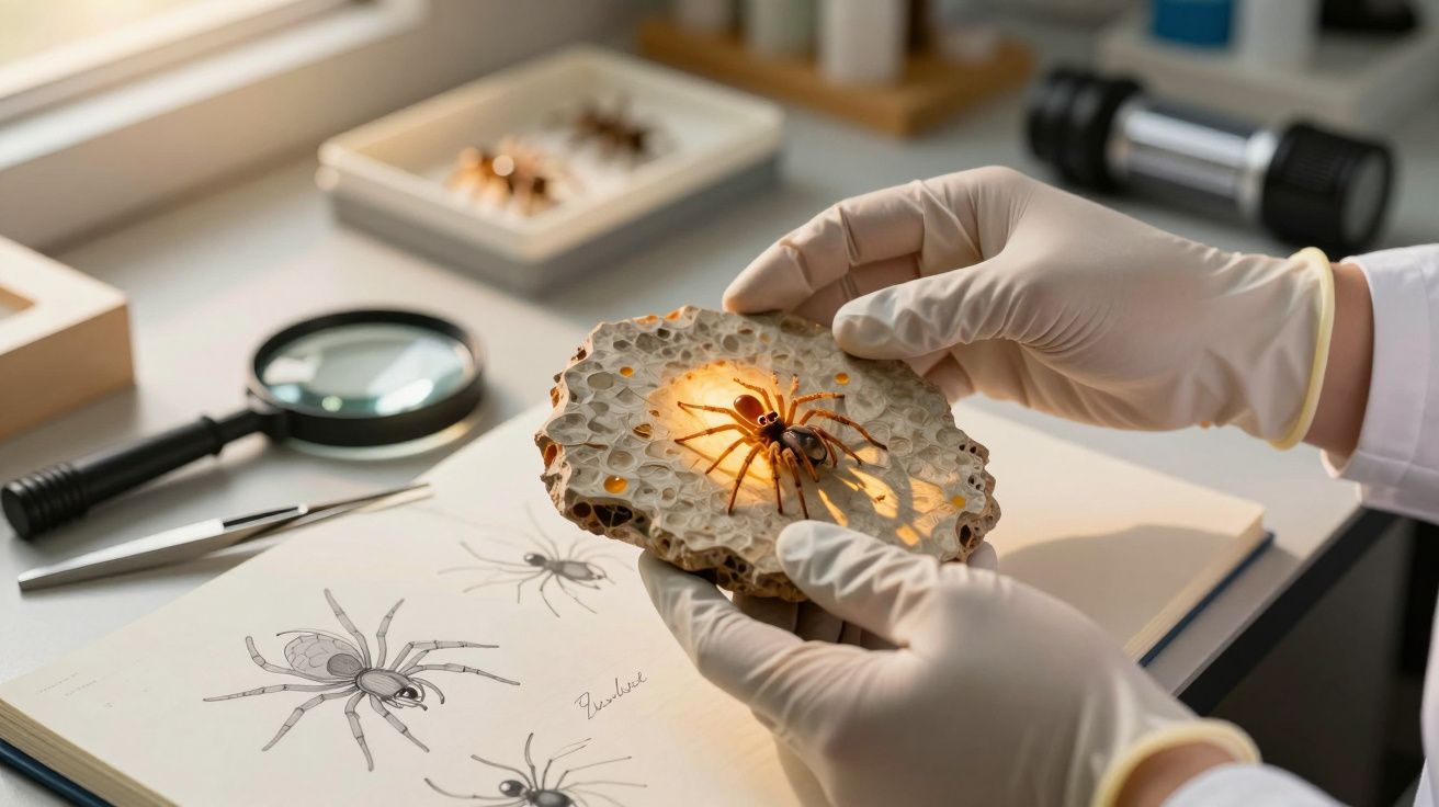 Mãos com luvas seguram ninhos de aranha em laboratório com lupa e esboço de aranha ao fundo.