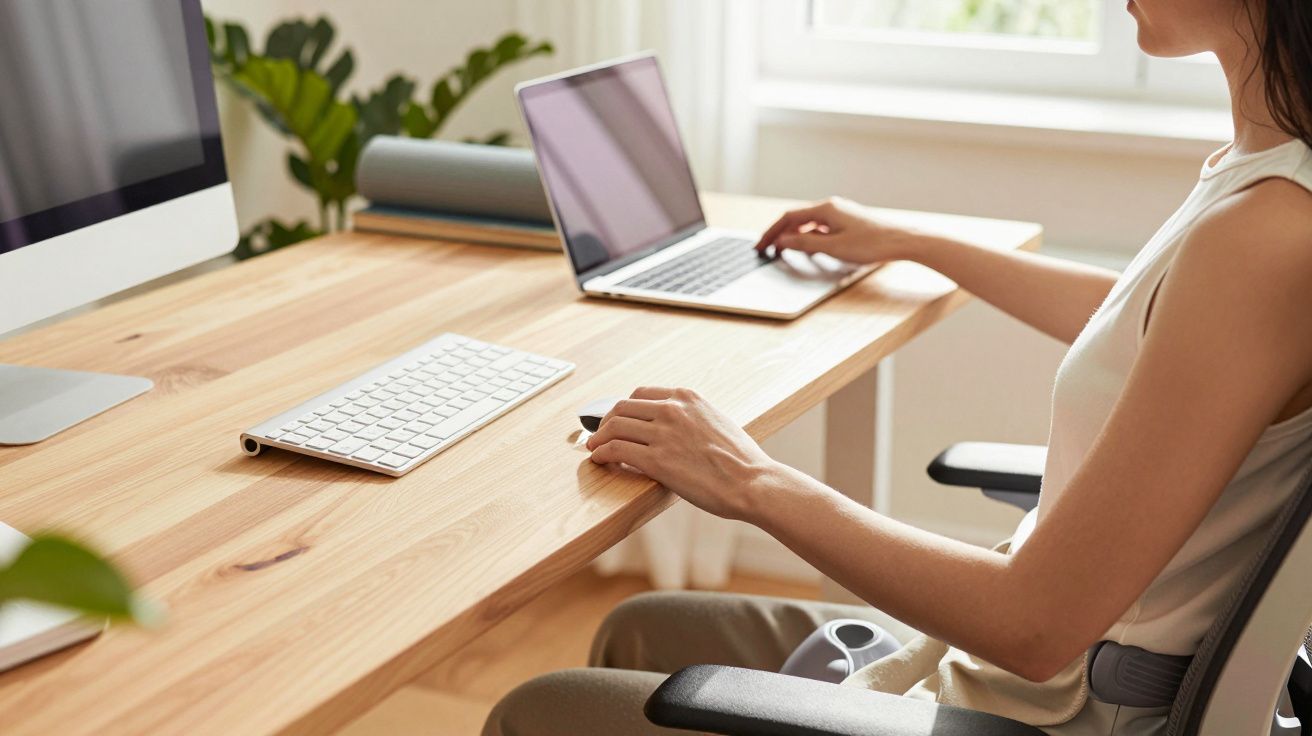 Mulher a trabalhar num portátil numa secretária de madeira, com teclado de computador ao lado e plantas ao fundo.