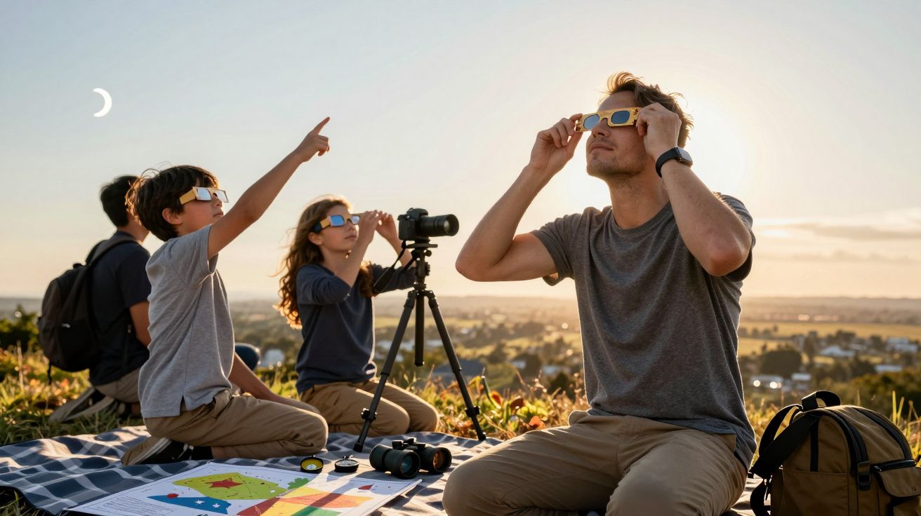 Grupo de pessoas a observar um eclipse solar com óculos especiais, sentados num campo ao entardecer.