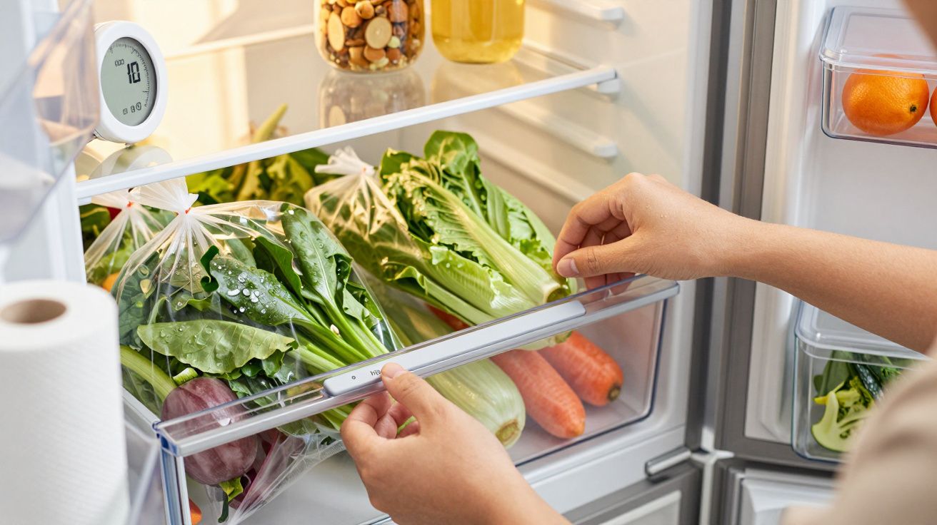 Mãos fechando gaveta de frigorífico com legumes frescos organizados, incluindo cenouras e alface.