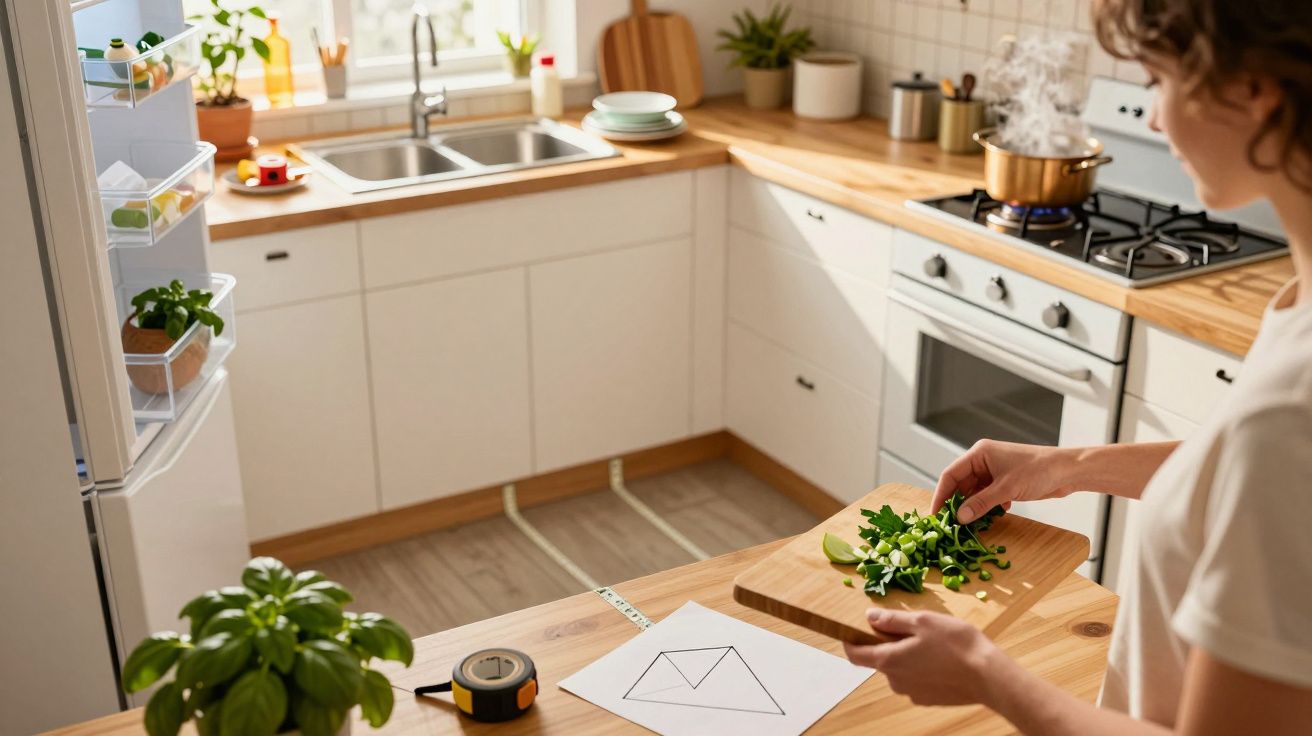 Pessoa a cortar ervas numa tábua na cozinha, panela a cozinhar no fogão e plantas a decorar o espaço.