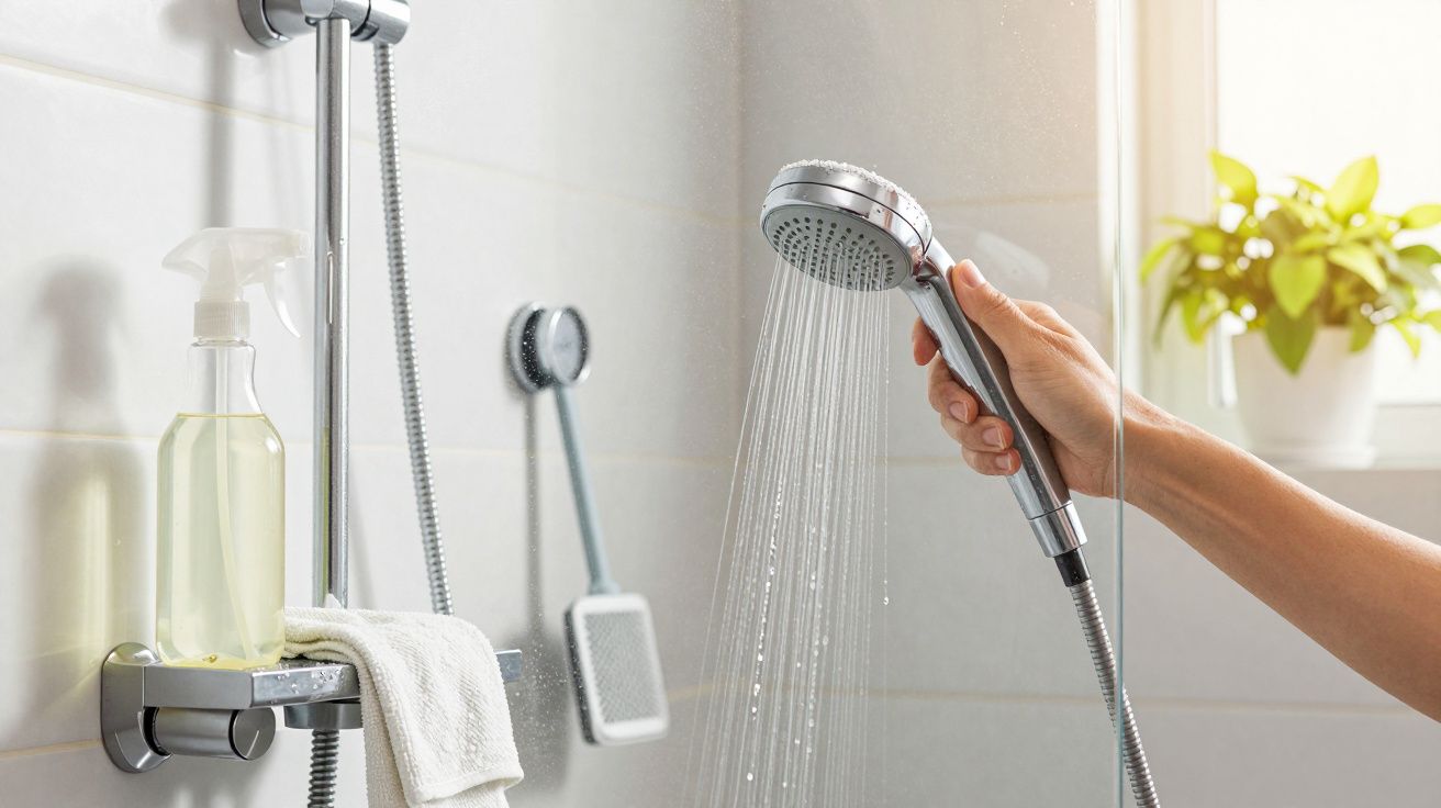 Mão segurando chuveiro de metal com água, toalha e produto de limpeza ao lado, planta ao fundo.