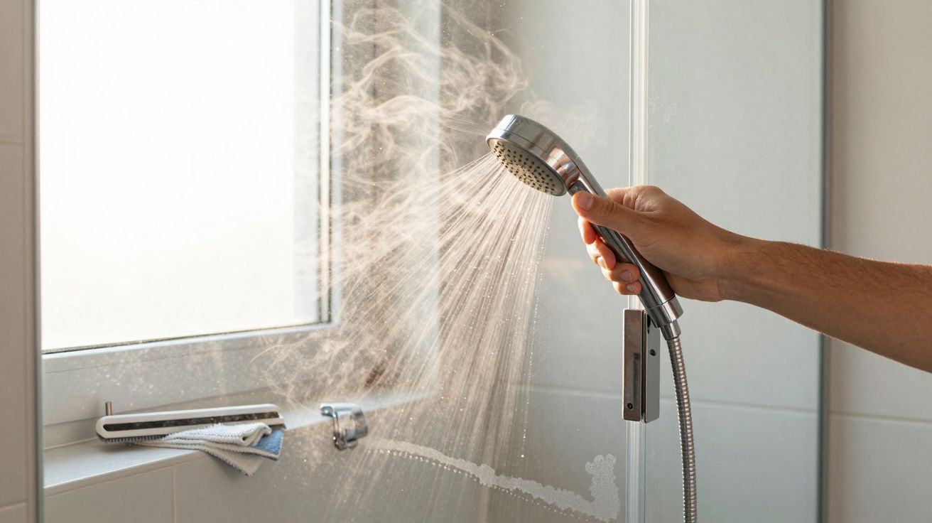 Mão segurando chuveiro de mão em funcionamento, com vapor visível, numa casa de banho com janela embaciada.