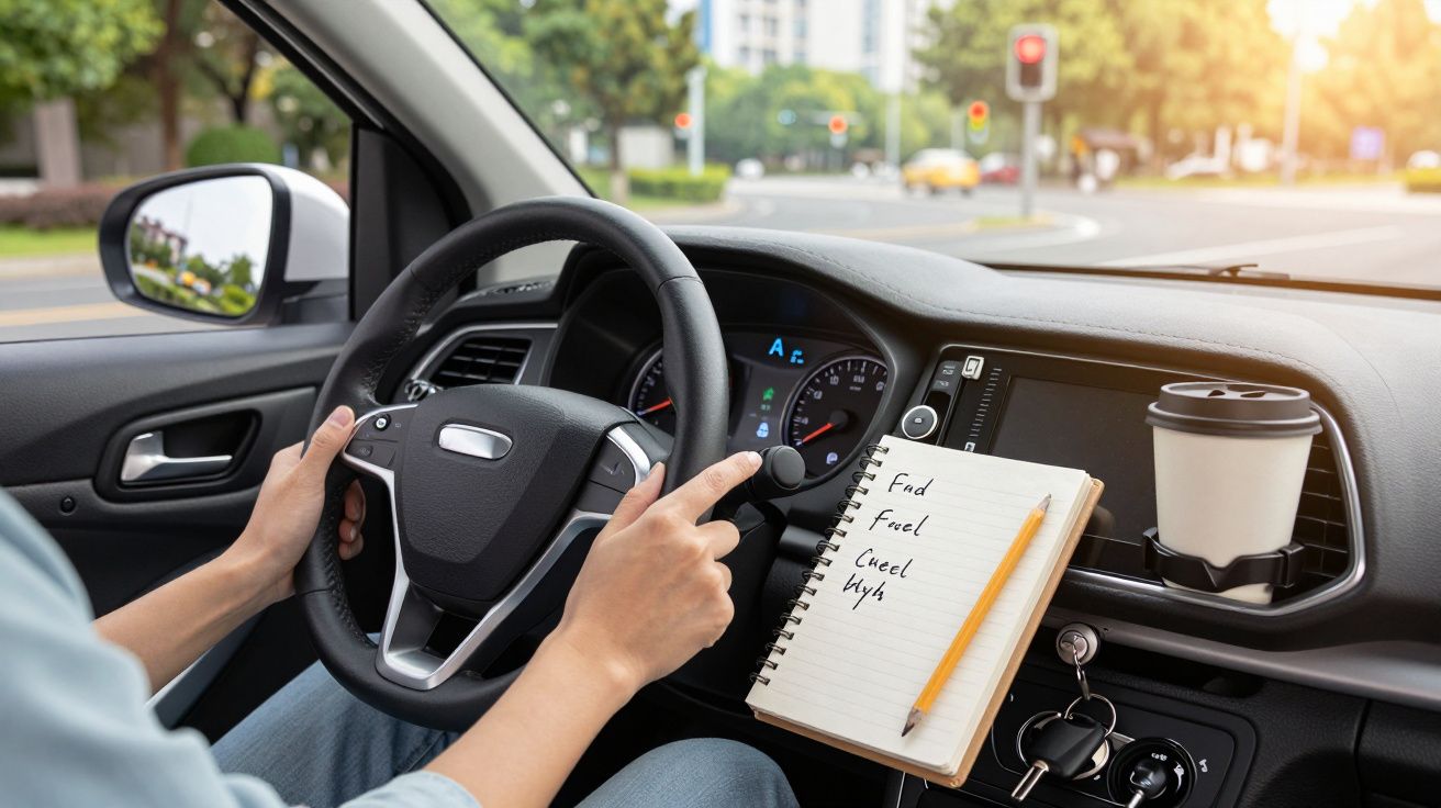 Pessoa a conduzir um carro, com bloco de notas e café no painel de instrumentos, numa rua com semáforos à frente.