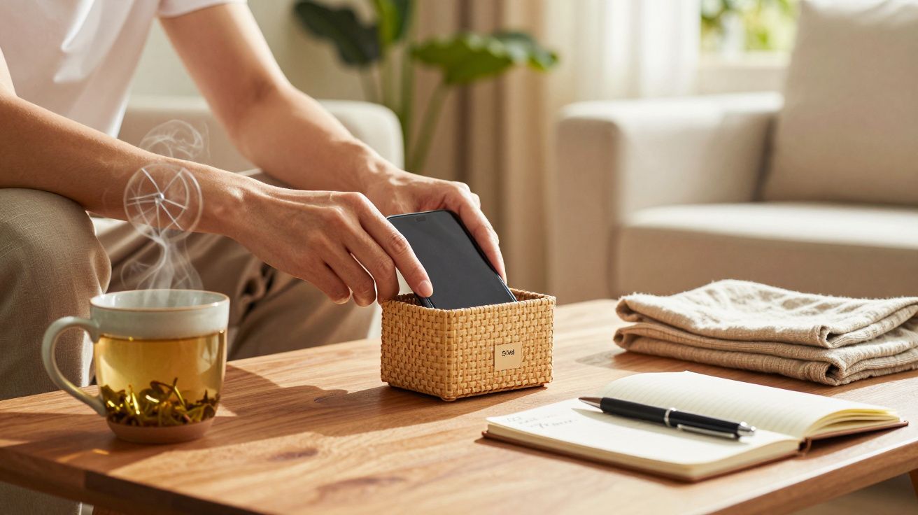 Pessoa coloca telemóvel em cesto sobre mesa de madeira com chávena, caderno e caneta. Sala de estar ao fundo.
