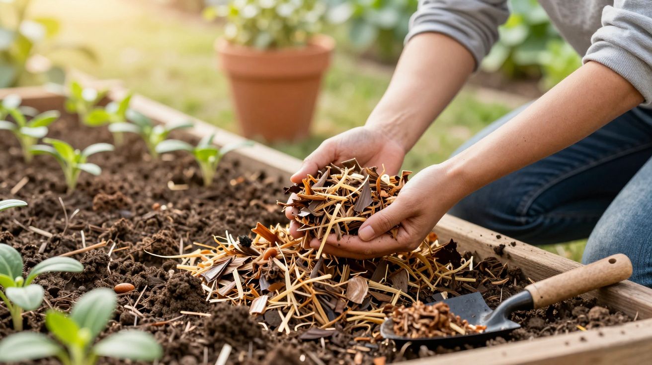 Pessoa adiciona cobertura morta a uma horta com mudas jovens; pá de jardinagem ao lado.