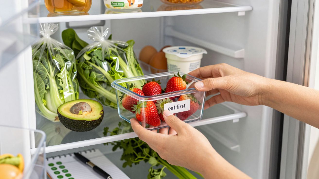Mãos colocando morangos em caixa "eat first" no frigorífico com legumes, abacate e ovos.