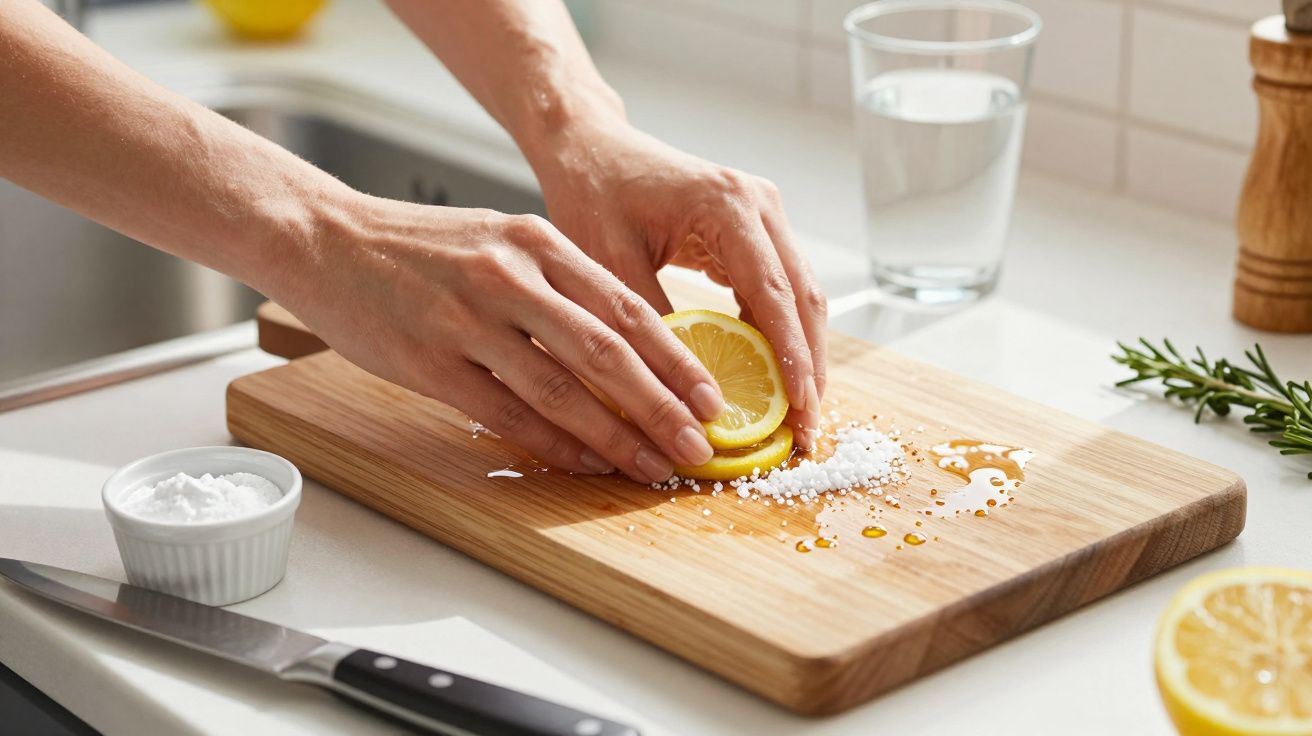 Mãos esfregam meio limão em tábua de madeira com sal, ao lado de faca e copo de água, numa cozinha iluminada.