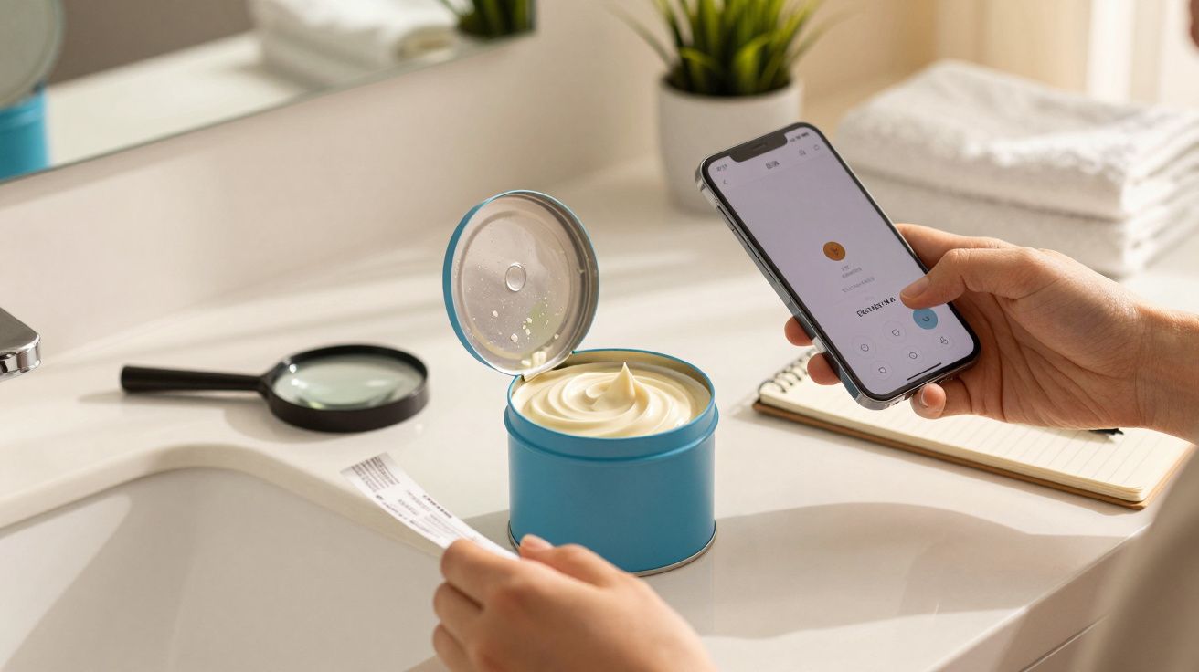 Pessoa segura smartphone e etiqueta, ao lado de lata de creme aberta numa casa de banho iluminada.