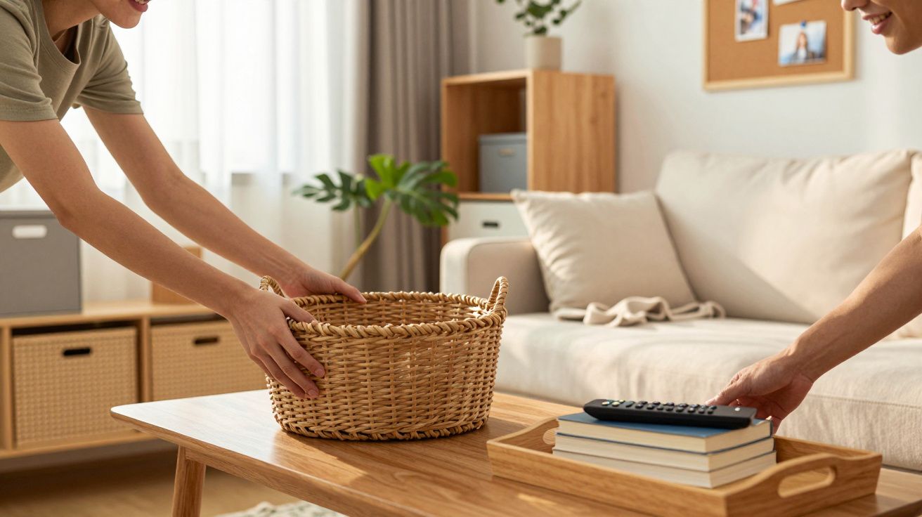 Duas pessoas organizam uma sala, colocando cesto de vime e tabuleiro com livros sobre mesa de madeira.