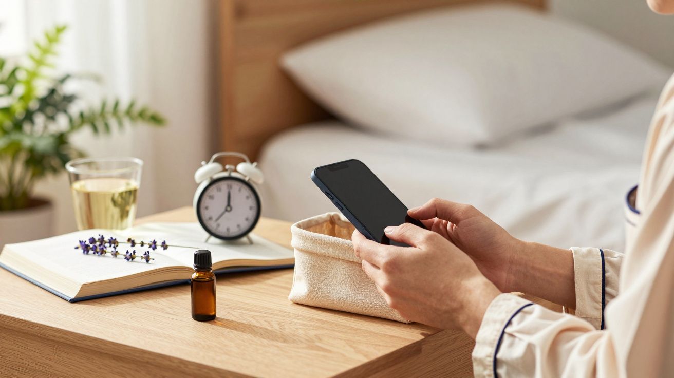 Pessoa em pijama segura telemóvel junto a cama, com livro, relógio, planta e frasco em cima da mesa de cabeceira.
