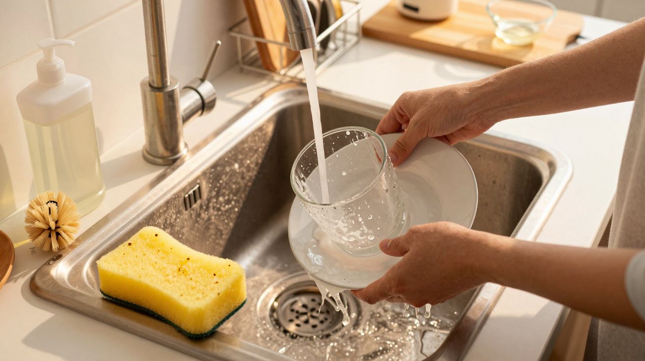 Pessoa a lavar loiça à mão numa pia de cozinha com água a correr da torneira.