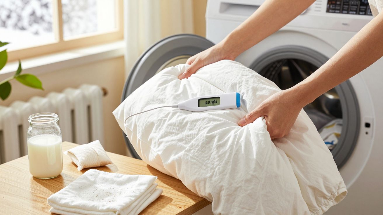 Pessoa mede a almofada com termómetro digital junto a máquina de lavar. Leite e toalhas na mesa.