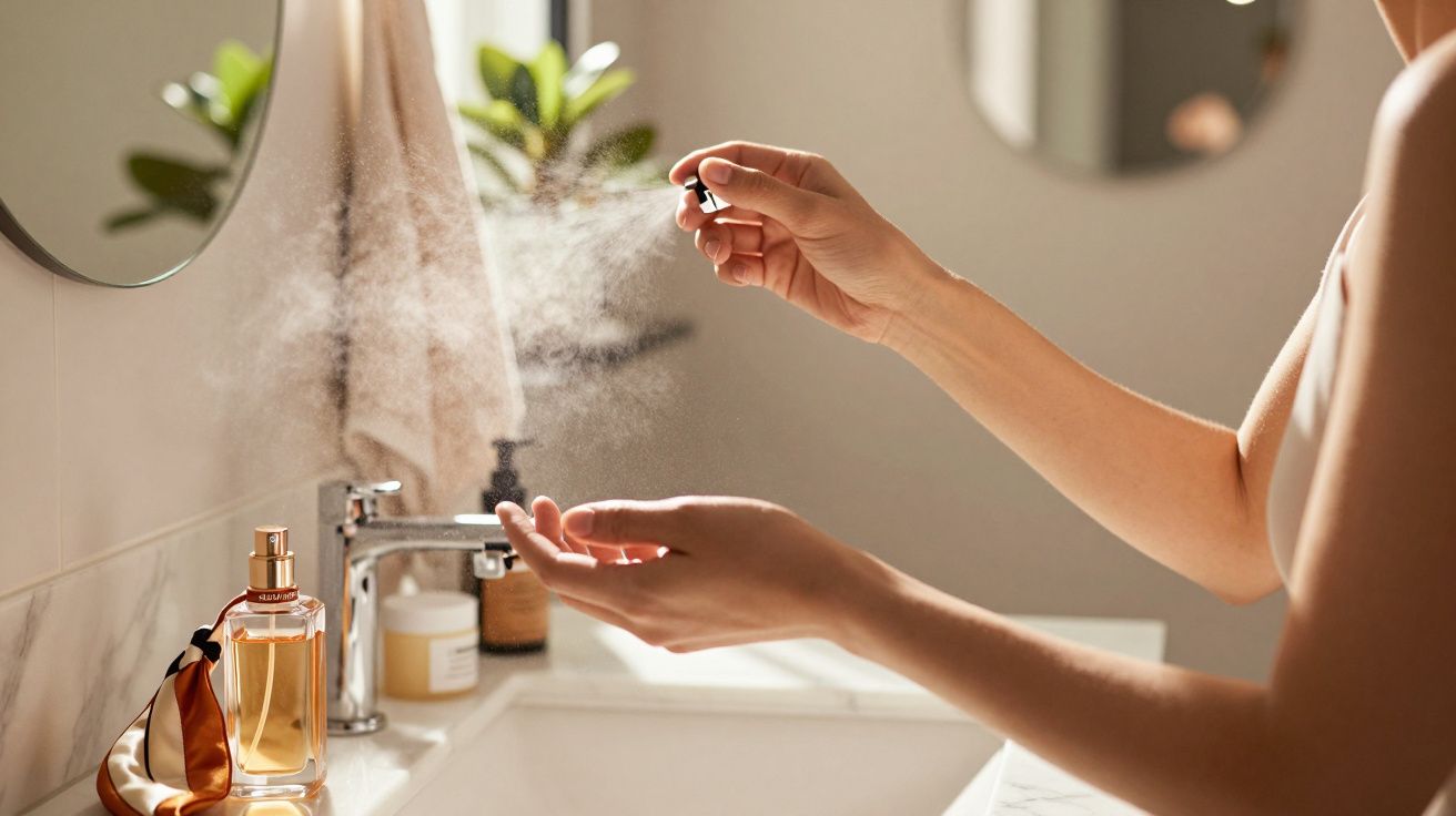 Mãos femininas aplicam spray de perfume no pulso em casa de banho iluminada, com espelho e plantas ao fundo.