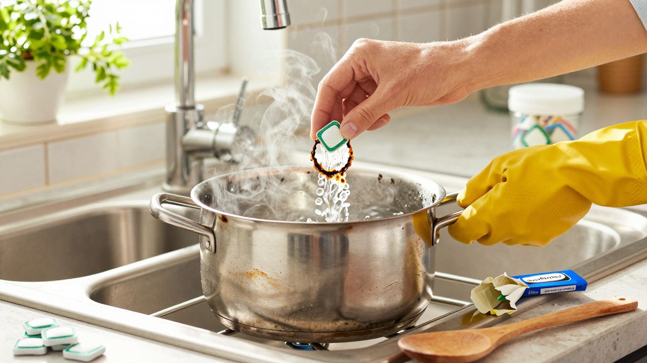 Mão com luva coloca pastilha na panela suja sobre a pia da cozinha, com água a ferver e vapor a subir.
