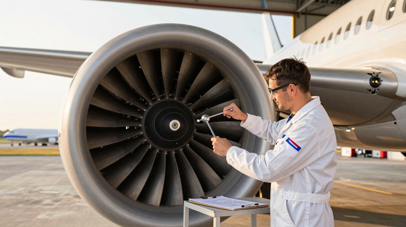 Técnico inspeciona motor de avião com martelo de borracha numa pista de aeroporto.