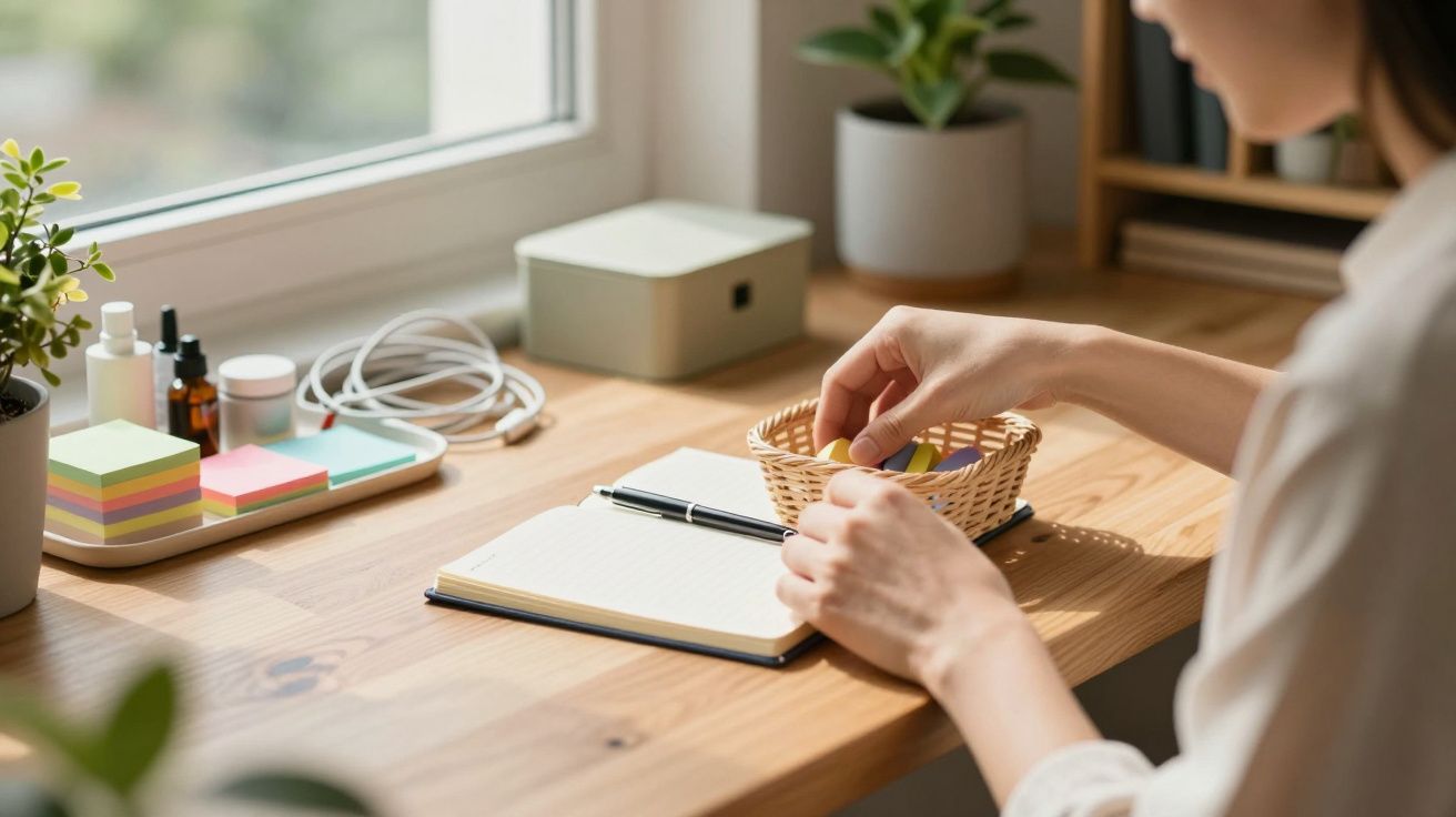 Pessoa organiza materiais de papelaria numa secretária iluminada pela luz natural junto à janela.