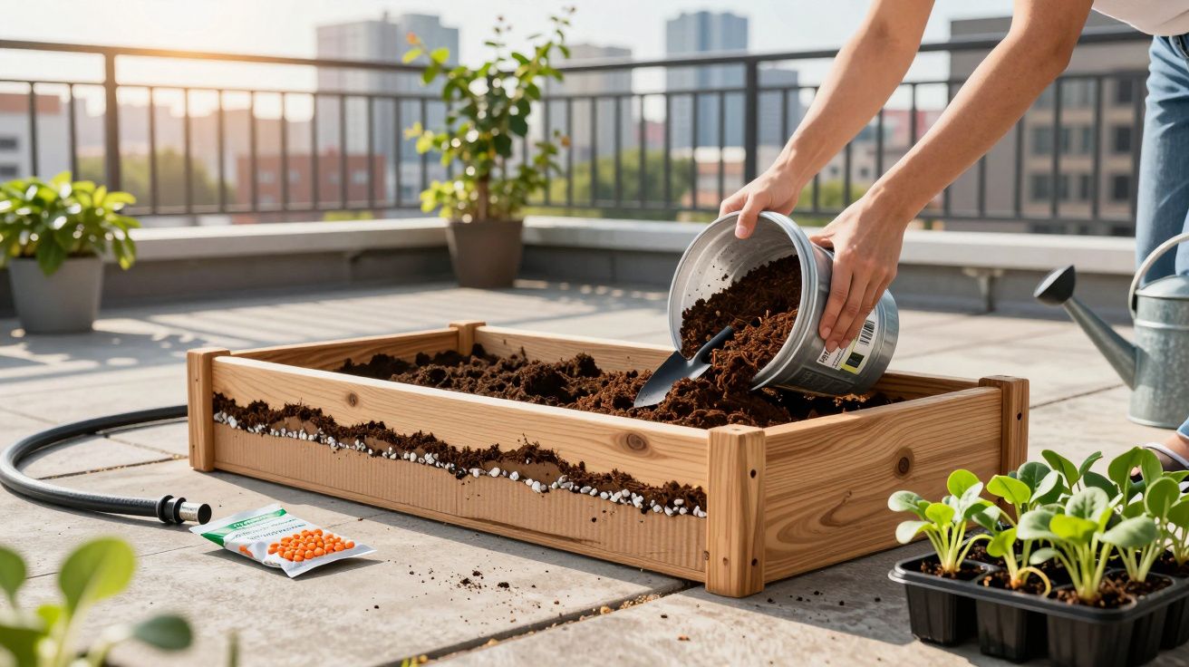 Homem plantando numa horta elevada num terraço urbano, com sacos de sementes e regador ao lado.