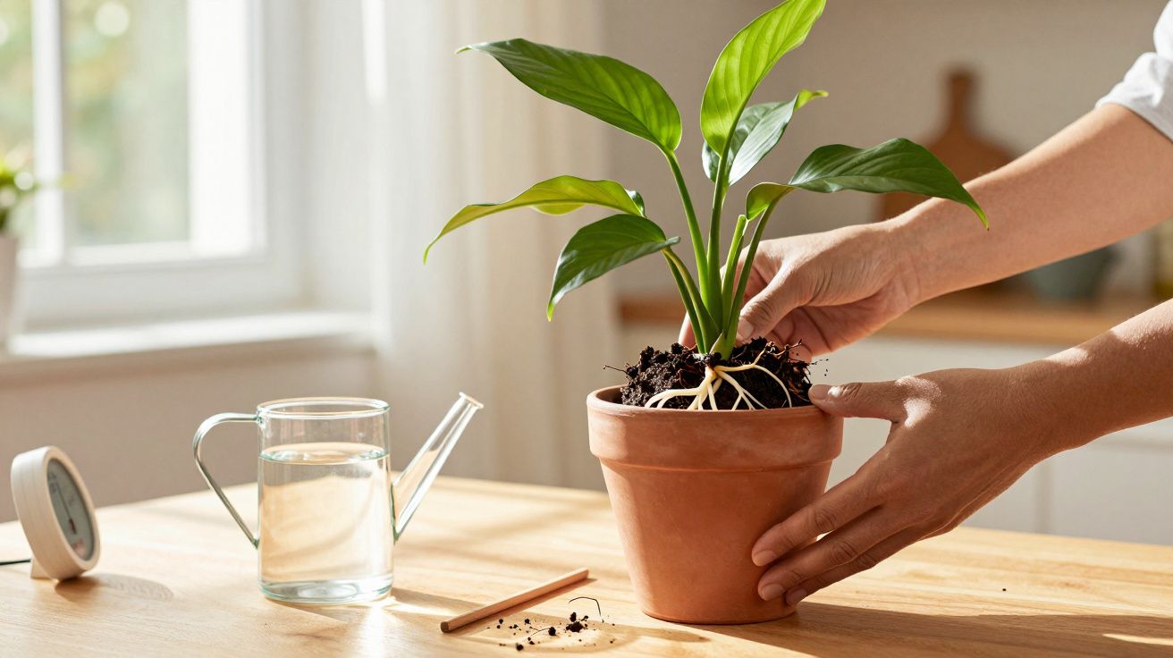Mãos cuidam de planta num vaso de barro sobre mesa de madeira, com regador e terra ao lado.