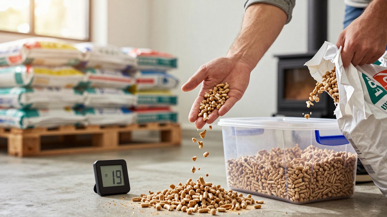 Pessoa a encher caixa de plástico com pellets de madeira ao lado de um medidor digital e sacos empilhados ao fundo.