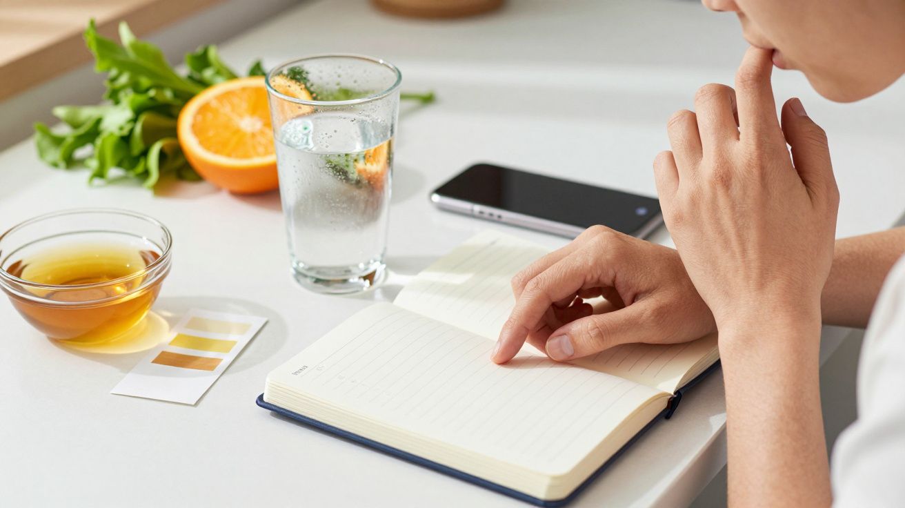 Pessoa escrevendo em caderno, com chá, água e telemóvel sobre a mesa.