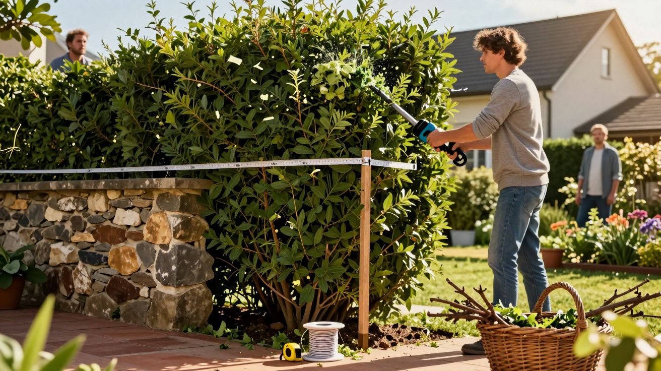 Homem aparando sebes com uma tesoura elétrica num jardim, enquanto outras duas pessoas estão ao fundo.