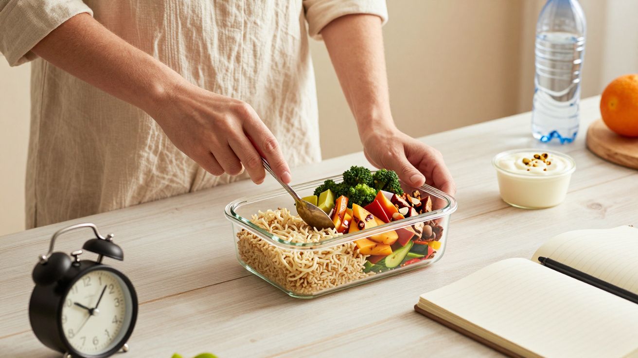 Pessoa prepara refeição saudável com legumes e massa, sobre mesa com relógio, caderno e água.