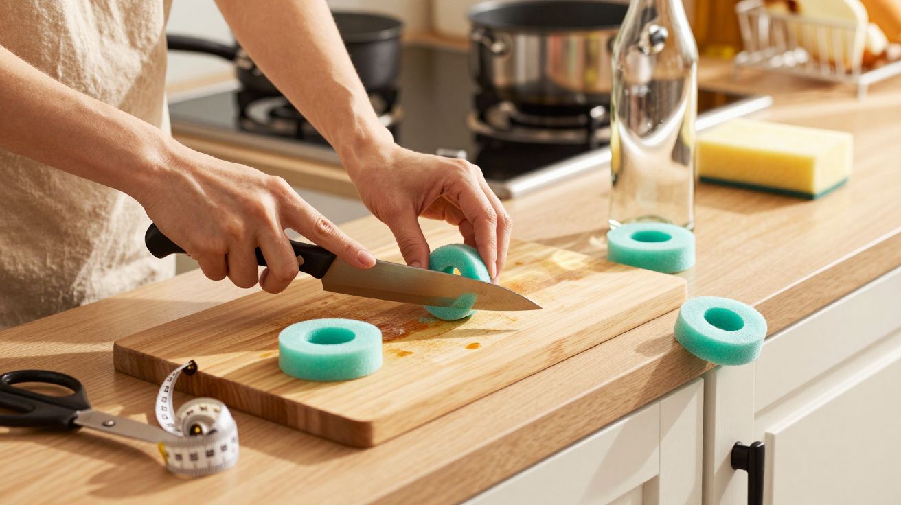 Pessoa corta esponjas circulares azuis numa tábua de madeira numa cozinha com panelas ao fundo.