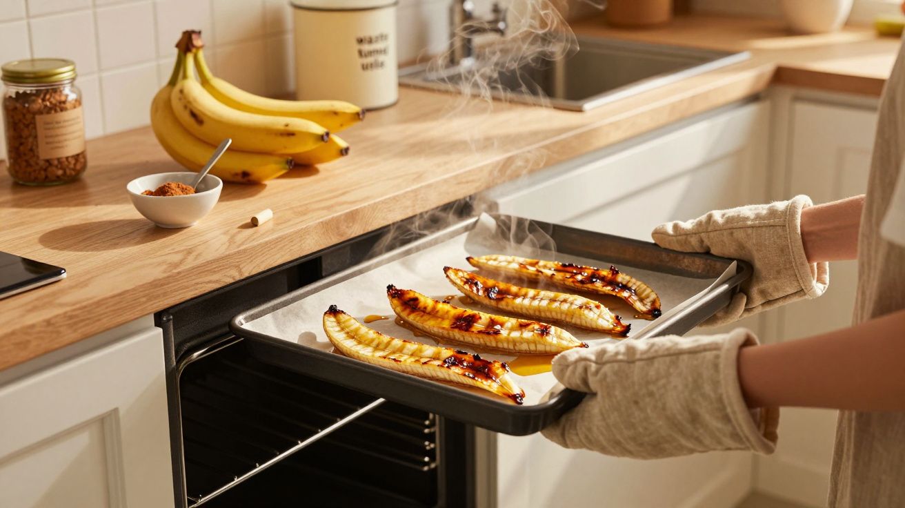 Pessoa retira do forno um tabuleiro com bananas assadas. Na bancada, bananas frescas e um frasco de canela.