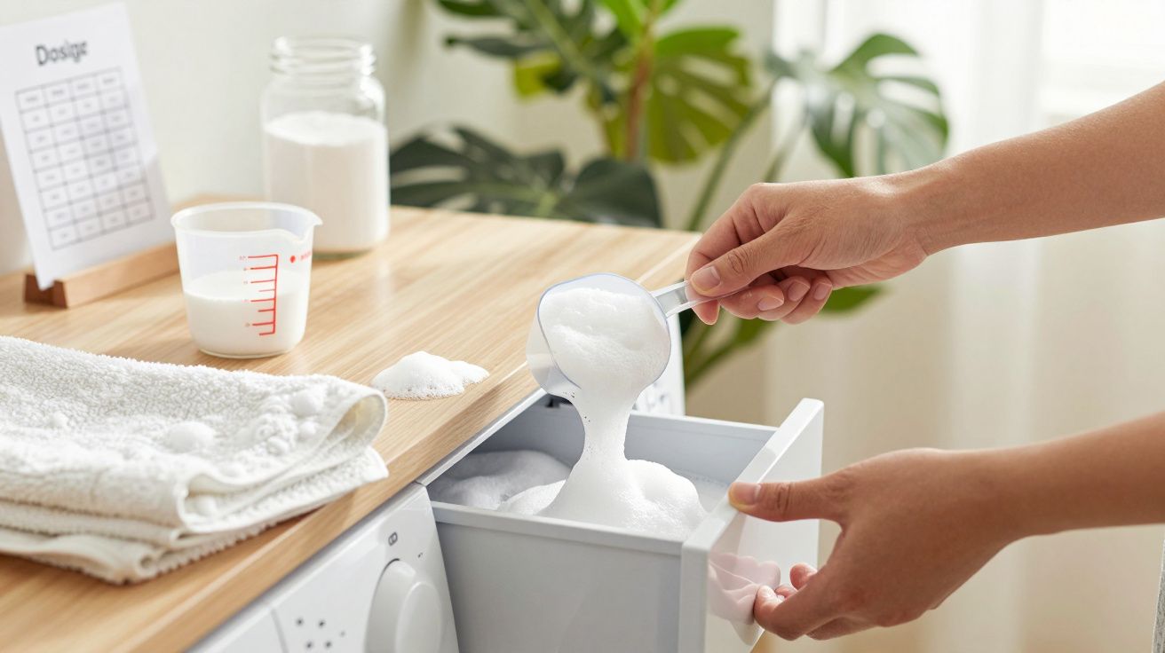 Pessoa a adicionar detergente em pó numa máquina de lavar roupa, com toalhas e plantas ao fundo.